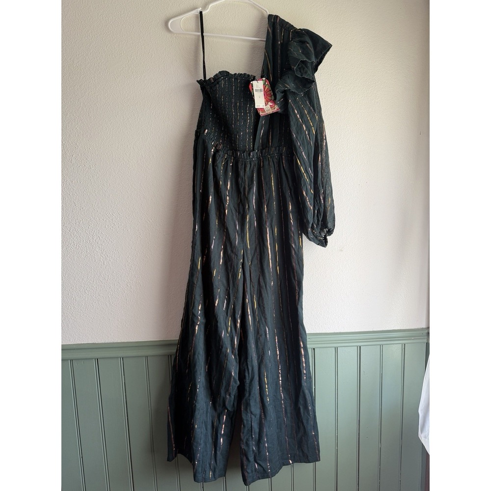 NWT Anthropologie x Farm Rio One-Shoulder Printed Satin Jumpsuit Sz Medium‎